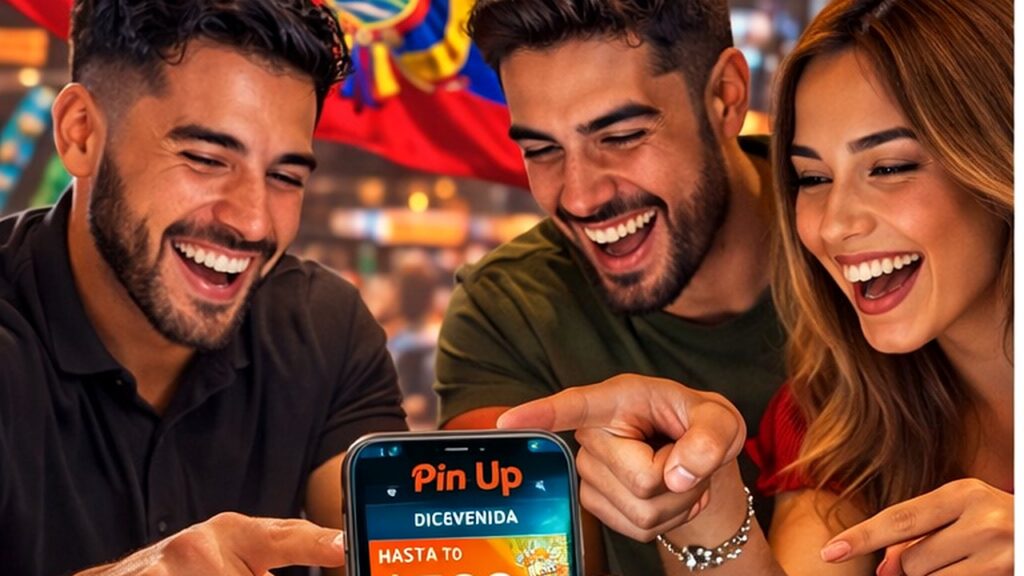 Casino Pin Up Ecuador con bono de bienvenida y promociones, jugadores ecuatorianos revisando ofertas desde el móvil en ambiente de casino